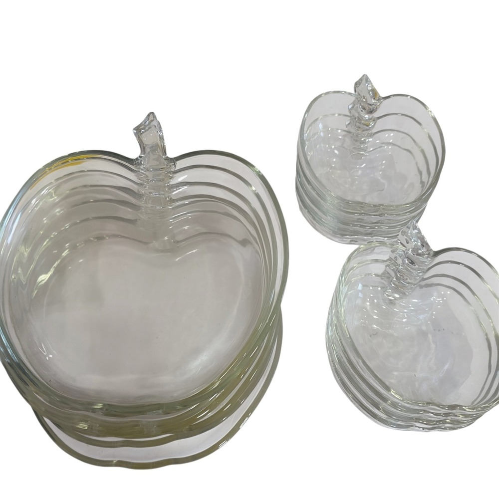Vintage Clear Glass Apple Plates Set 12 Large & Small 8" 5.5" MCM Snack Dish Set
